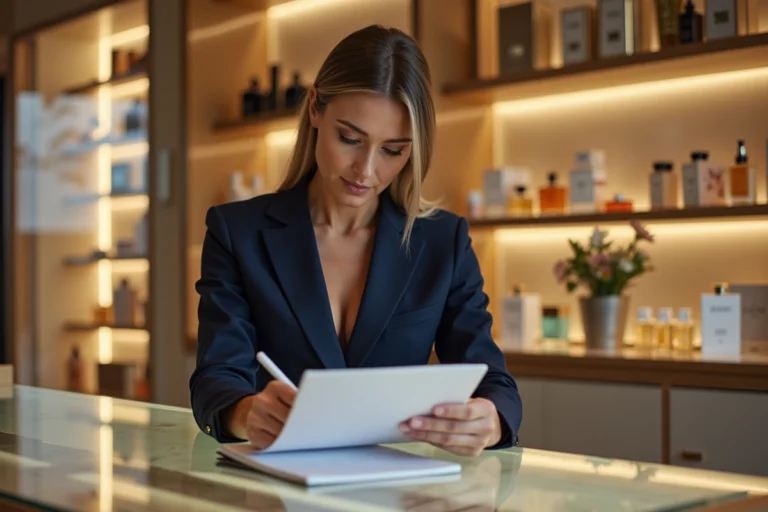 Intérieur d'une boutique Marionnaud avec une responsable de magasin examinant des documents au comptoir