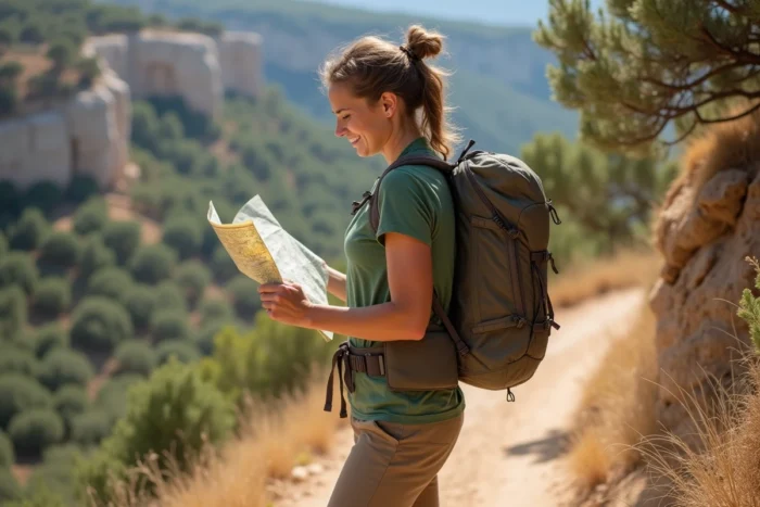 Randonneuse consultant une carte sur le sentier menant à la cascade du Lez dans un paysage de garrigue méditerranéenne