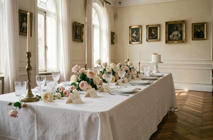 Table de réception de mariage intimiste décorée avec des roses et une vaisselle raffinée dans un salon privé