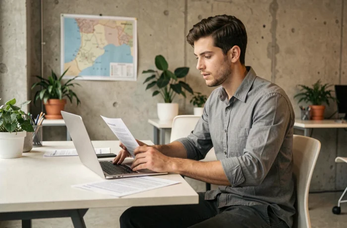 Jeune homme recherchant des offres d'emploi via une agence d'intérim dans un espace de coworking à Marseille