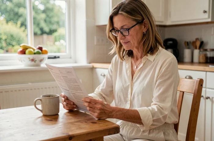 Femme en post-opératoire de salpingectomie lisant ses instructions médicales à la table de cuisine avec une tisane