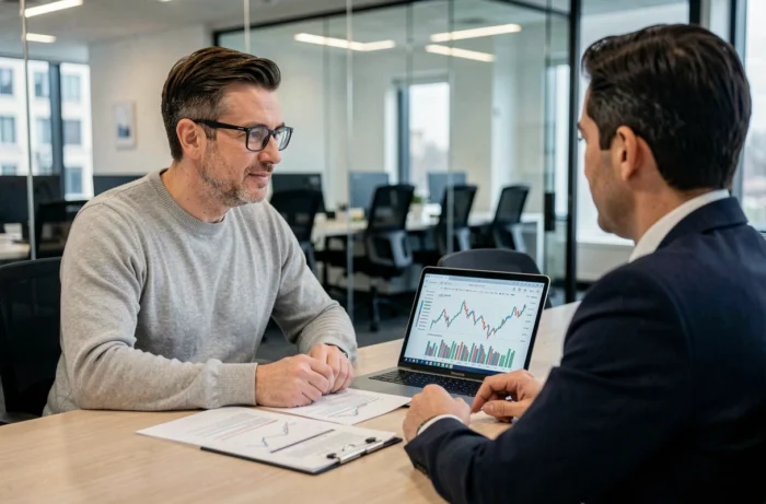 Homme en rendez-vous bancaire pour discuter du taux immobilier Casden avec un conseiller