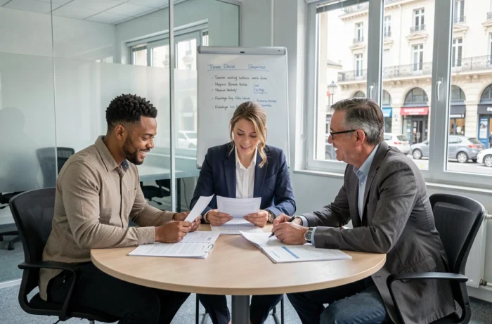 Groupe de professionnels en réunion avec un conseiller d'une agence d'intérim à Marseille pour discuter de contrats de travail