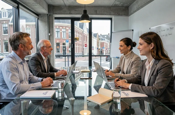 Groupe de professionnels belges en réunion de découverte dans un espace de coworking à Gand, autour d'une table de réunion moderne avec vue sur la ville