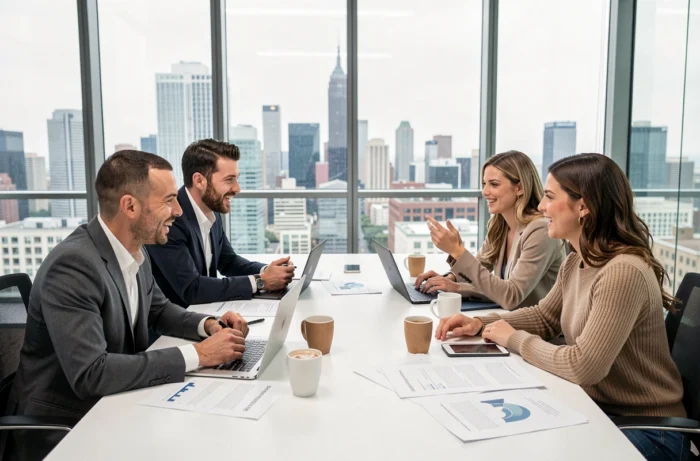 Équipe de professionnels en réunion stratégique dans une salle de conférence moderne avec vue sur la ville