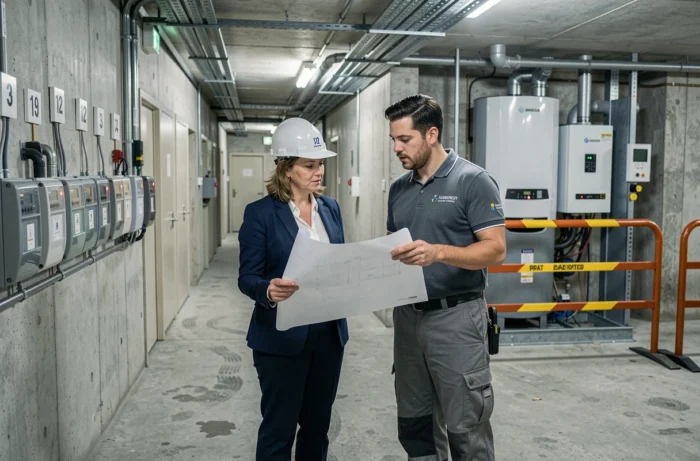 Gestionnaire d'immeuble et plombier examinant les plans d'installation d'une chaudière à condensation en sous-sol