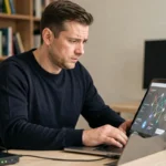 Professionnel informatique analysant des alertes de sécurité réseau sur un ordinateur portable dans un bureau à domicile moderne, illustrant les risques liés à la connexion internet BIM VUP