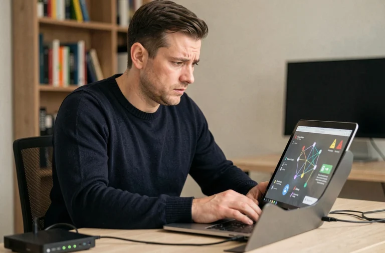 Professionnel informatique analysant des alertes de sécurité réseau sur un ordinateur portable dans un bureau à domicile moderne, illustrant les risques liés à la connexion internet BIM VUP