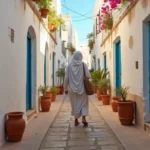Ruelle typique de la médina d'Essaouira avec des murs blancs et des portes bleues, idéale pour une location longue durée entre particuliers
