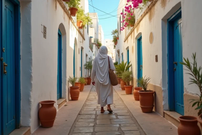 Ruelle typique de la médina d'Essaouira avec des murs blancs et des portes bleues, idéale pour une location longue durée entre particuliers