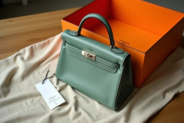 Sac Hermès Kelly vert sauge d'occasion avec certificat d'authenticité sur une table en chêne