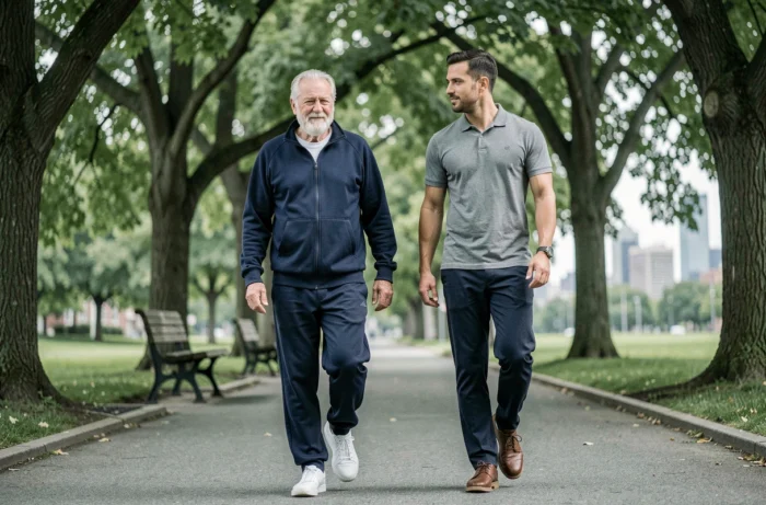 Un senior en bonne santé marche avec son kinésithérapeute dans un parc urbain, illustrant les services de maintien à domicile et de rééducation pour personnes âgées