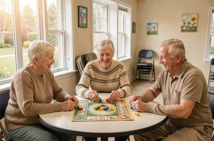 Trois personnes âgées jouent à un jeu de société dans un centre de loisirs pour seniors, mettant en valeur les activités sociales et les services de bien-être pour améliorer la qualité de vie des retraités