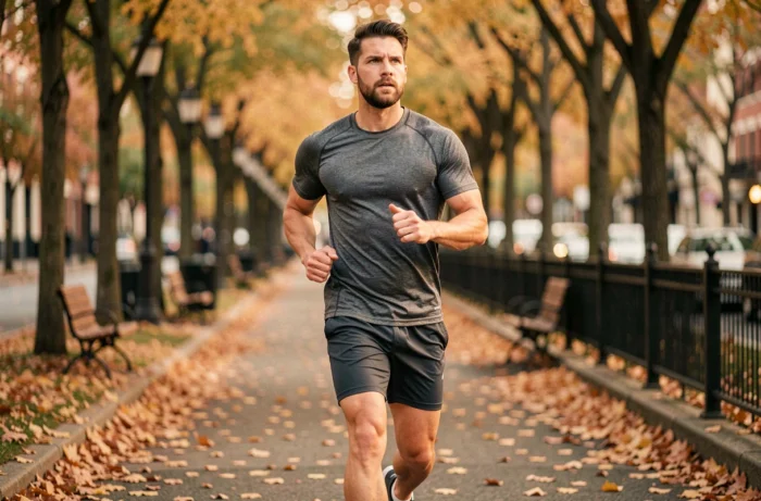 Homme en short de compression confortable faisant du jogging en ville, alternative confortable aux cyclistes de sport classiques