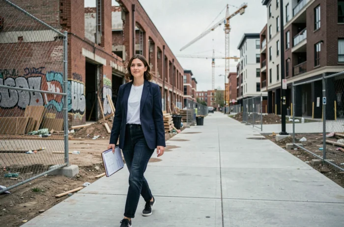 Sociologue urbaine observant un quartier en rénovation illustrant la transformation et l'impact des nouvelles structures urbaines sur le tissu de la ville