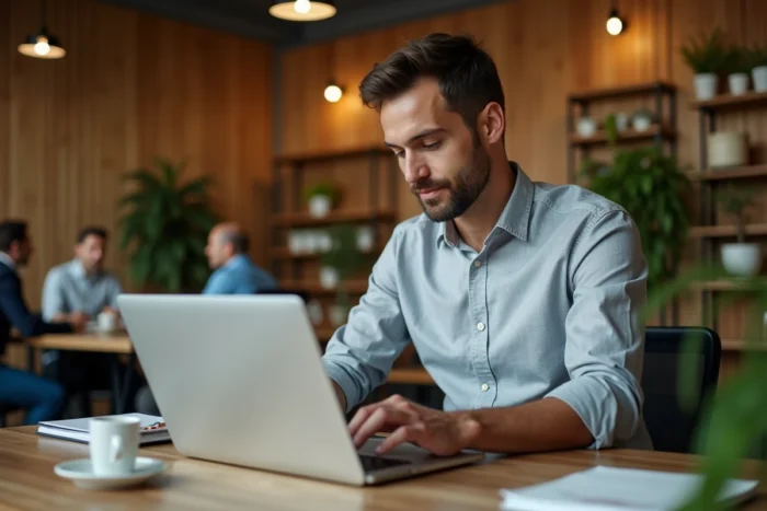 Homme d'affaires gérant des commandes B2B sur laptop et tablette dans un espace de coworking moderne