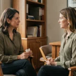 Femme en consultation avec une conseillère dans un bureau chaleureux, soutien psychologique pour victimes de violences conjugales