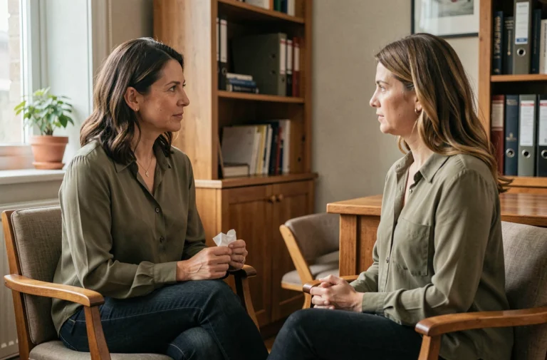 Femme en consultation avec une conseillère dans un bureau chaleureux, soutien psychologique pour victimes de violences conjugales