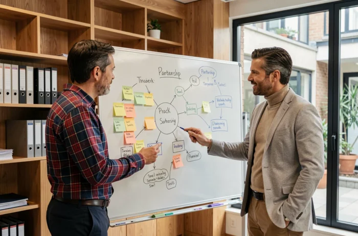 Équipe de professionnels brainstormant une stratégie d'offre de partenariat entreprise autour d'un tableau blanc dans un bureau moderne