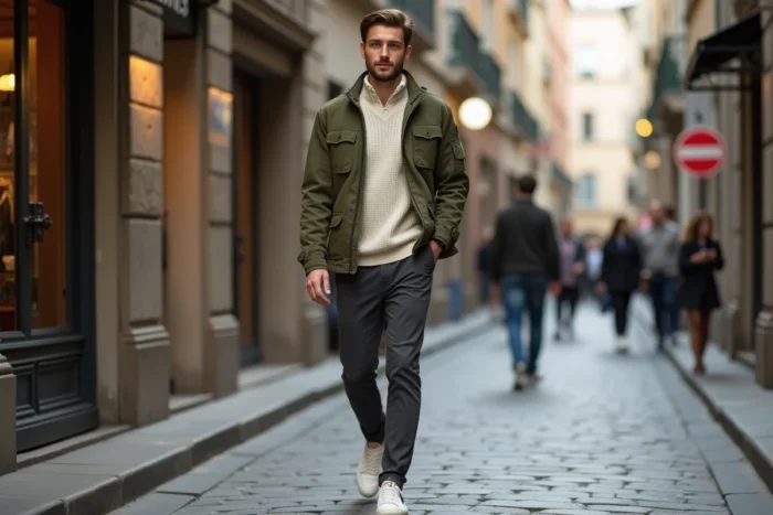 Homme en tenue street style tendance avec veste utilitaire olive marchant sur des pavés dans un quartier urbain européen