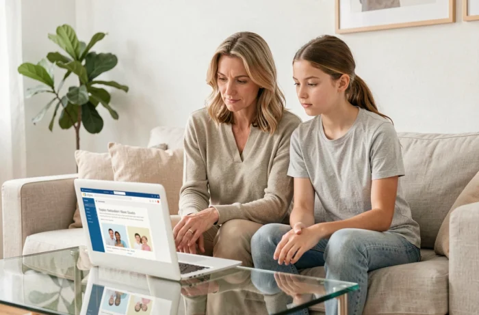 Mère et fille consultant ensemble l'espace familles sur un ordinateur portable dans un salon moderne