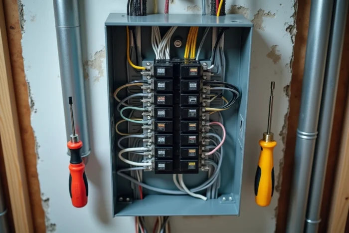 Vue du dessus d'un tableau électrique résidentiel avec fils noir et blanc correctement raccordés aux disjoncteurs