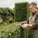 Homme taillant une haie de buis avec des cisailles manuelles dans un jardin soigné