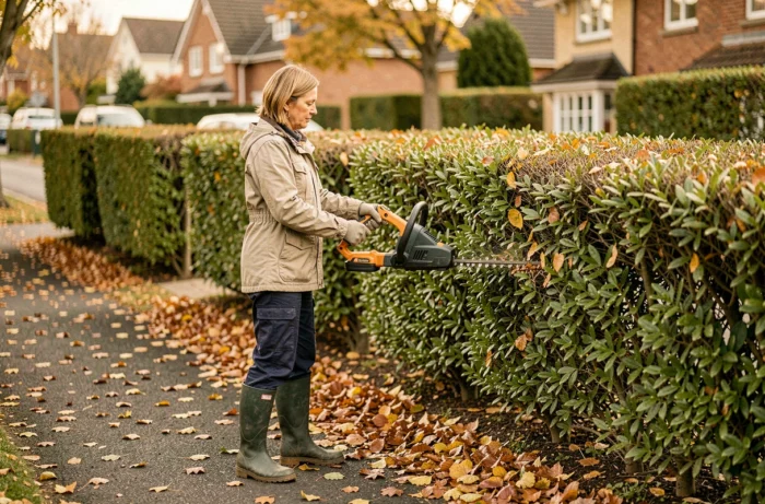 Femme utilisant un taille-haie électrique pour tailler une haie de charme en automne