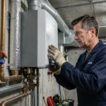 Technicien inspectant une chaudière à condensation dans la chaufferie d'un immeuble collectif