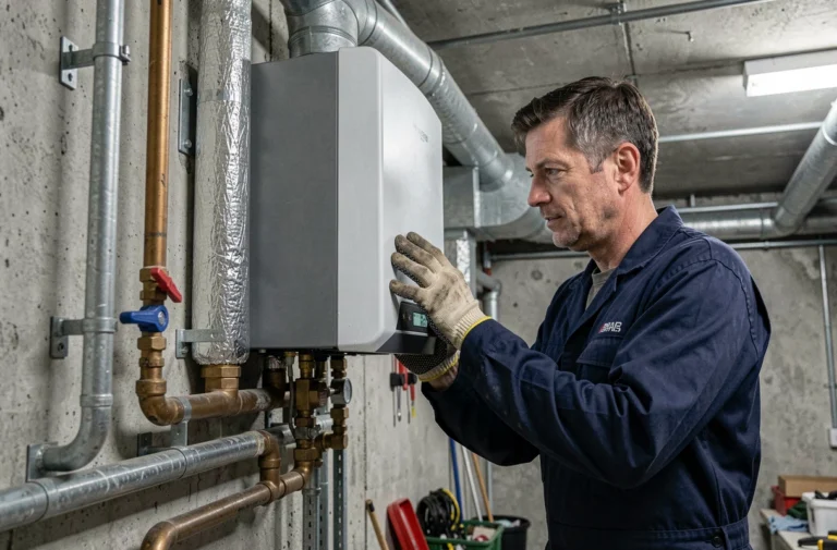 Technicien inspectant une chaudière à condensation dans la chaufferie d'un immeuble collectif
