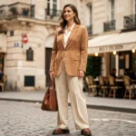 Femme élégante portant un blazer camel oversize et un pantalon large crème dans une rue pavée parisienne, tendances mode automne 2024