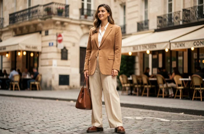 Femme élégante portant un blazer camel oversize et un pantalon large crème dans une rue pavée parisienne, tendances mode automne 2024