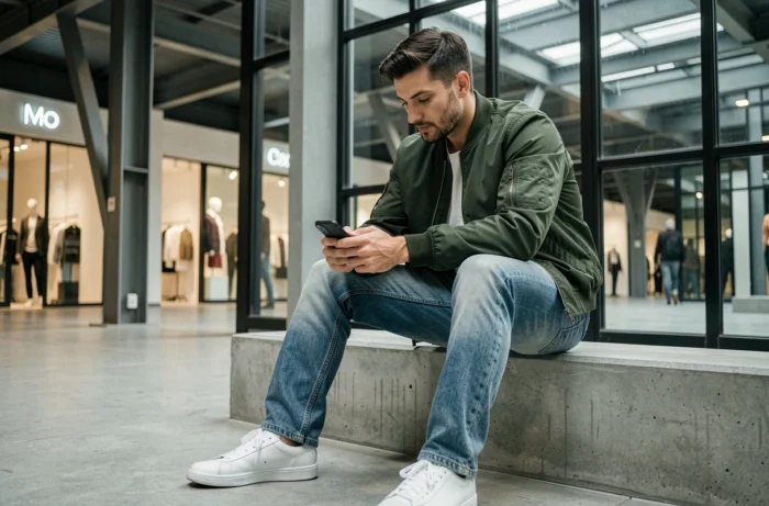 Homme stylé en bomber vert et jean brut assis dans un centre commercial moderne, look streetwear tendance homme 2024