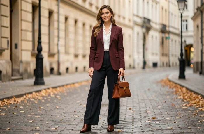 Femme tendance en tenue automnale dans une rue pavée européenne, illustrant les tendances mode de la saison
