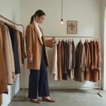 Femme élégante en blazer camel parcourant les nouvelles tendances mode de la saison dans une boutique parisienne minimaliste