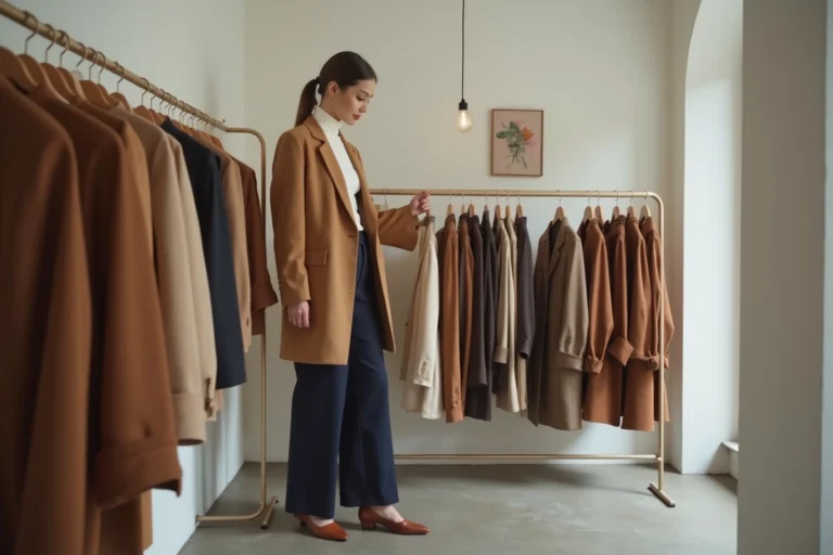 Femme élégante en blazer camel parcourant les nouvelles tendances mode de la saison dans une boutique parisienne minimaliste