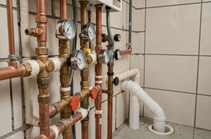 Réseau de tuyauteries et vannes d'une chaudière à condensation en immeuble collectif