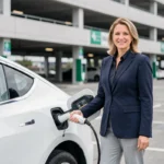 Femme d'affaires branchant un véhicule électrique de société sur une borne de recharge dans un parking d'entreprise