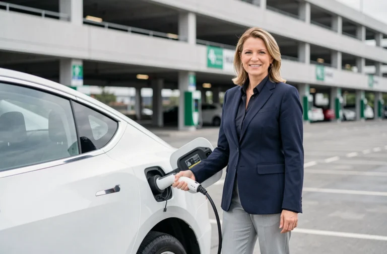 Femme d'affaires branchant un véhicule électrique de société sur une borne de recharge dans un parking d'entreprise