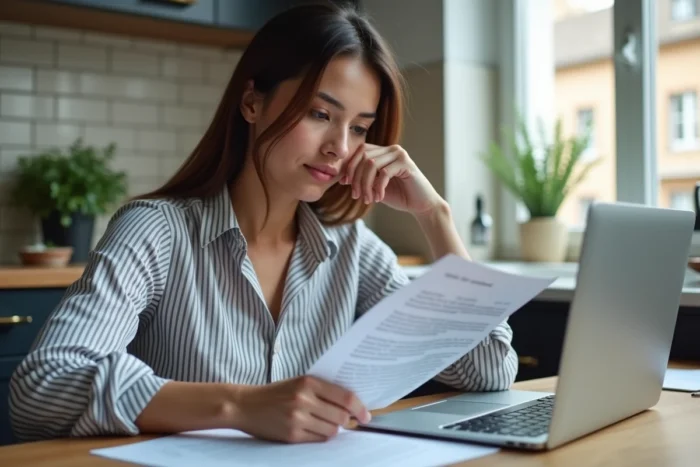 Jeune femme comparant un courrier Inser Asaf avec des informations en ligne sur son ordinateur portable dans une cuisine moderne