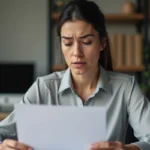 Femme vérifiant un courrier officiel de l'Inser Asaf reçu depuis le 75019 Paris à son bureau à domicile