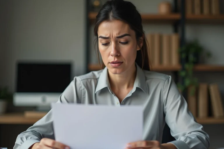 Femme vérifiant un courrier officiel de l'Inser Asaf reçu depuis le 75019 Paris à son bureau à domicile
